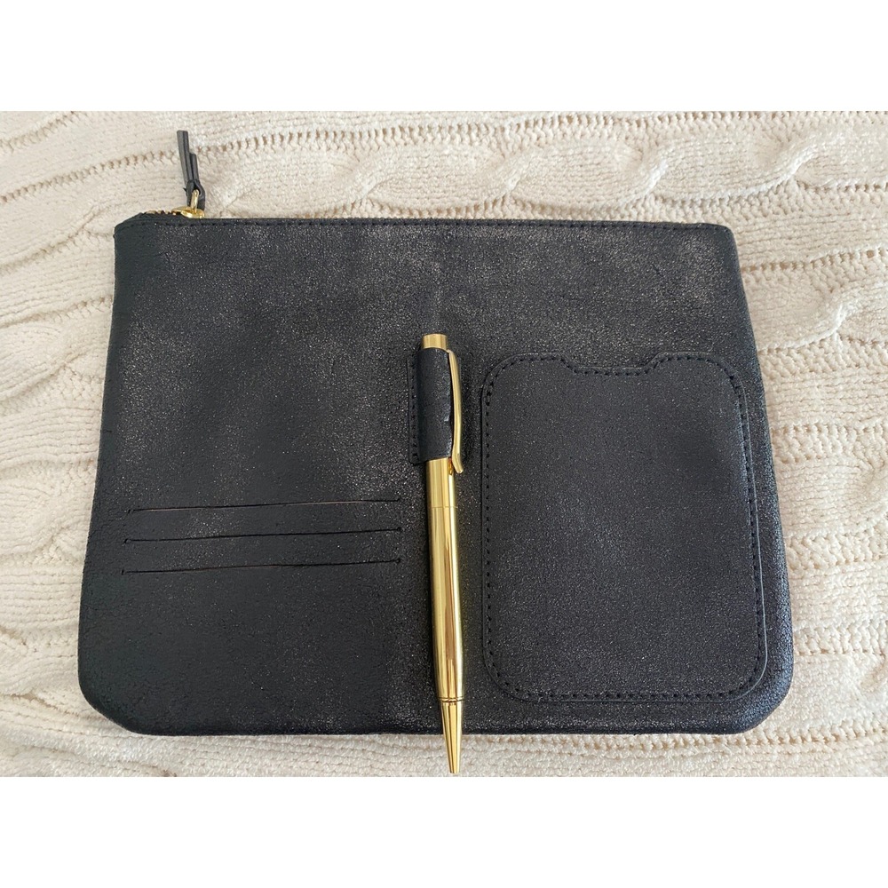 Anthropologie Black Leather Purse Organizer Card Slot Pen Zipper